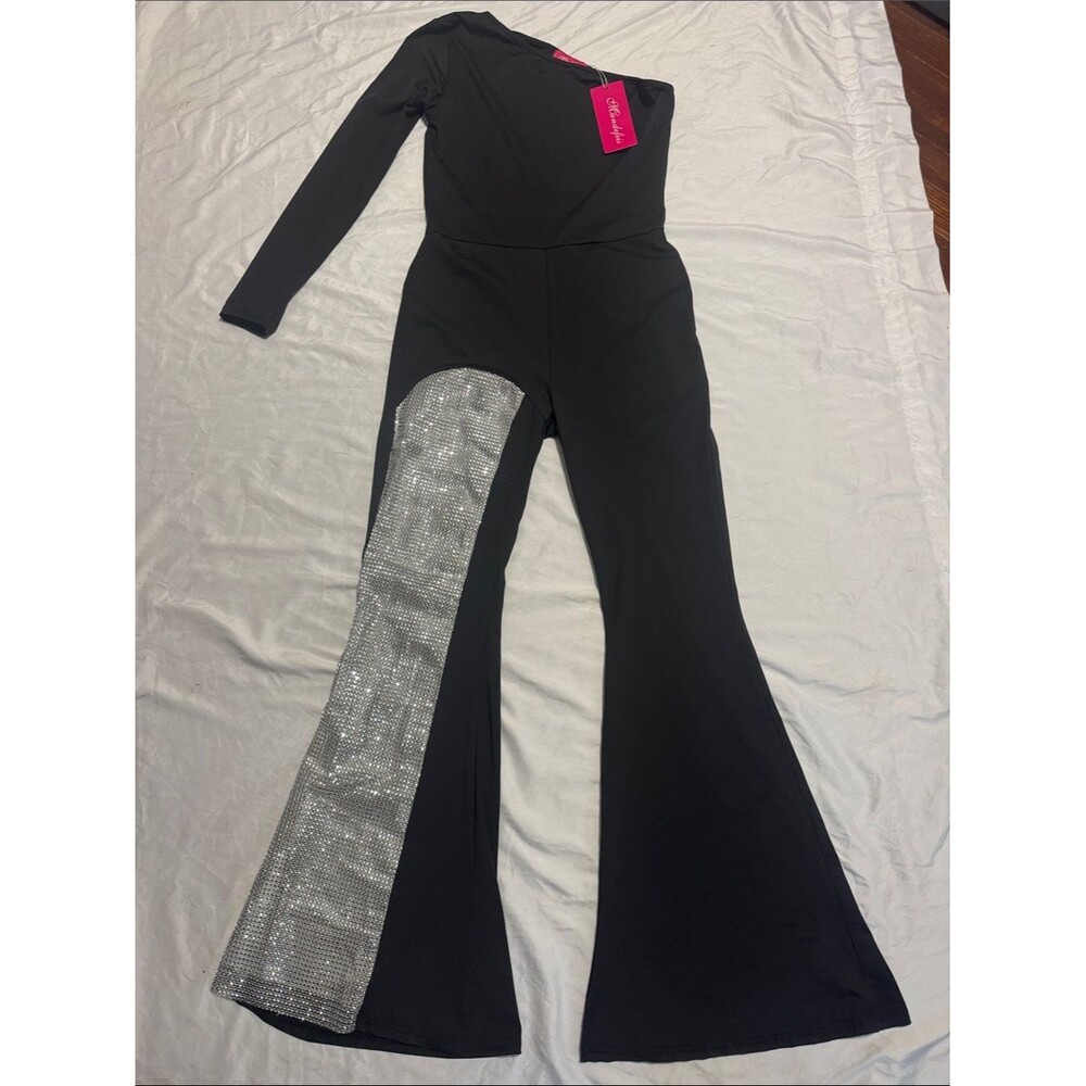 NWT Mundefeis Black One Shoulder Rhinestone Jumpsuit Flare Leg Party Romper S